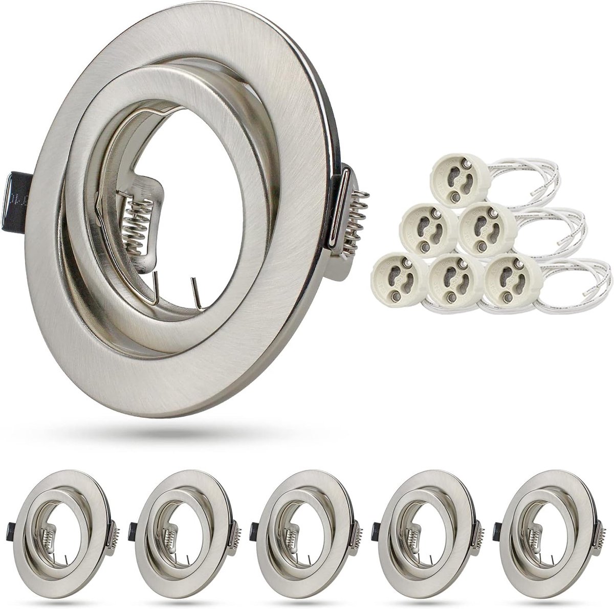 GU10 set van 6 LED inbouwframe 76-90mm gatgrootte zwenkbaar rond inbouwlampen frame roestvrij staal - diameter 98mm