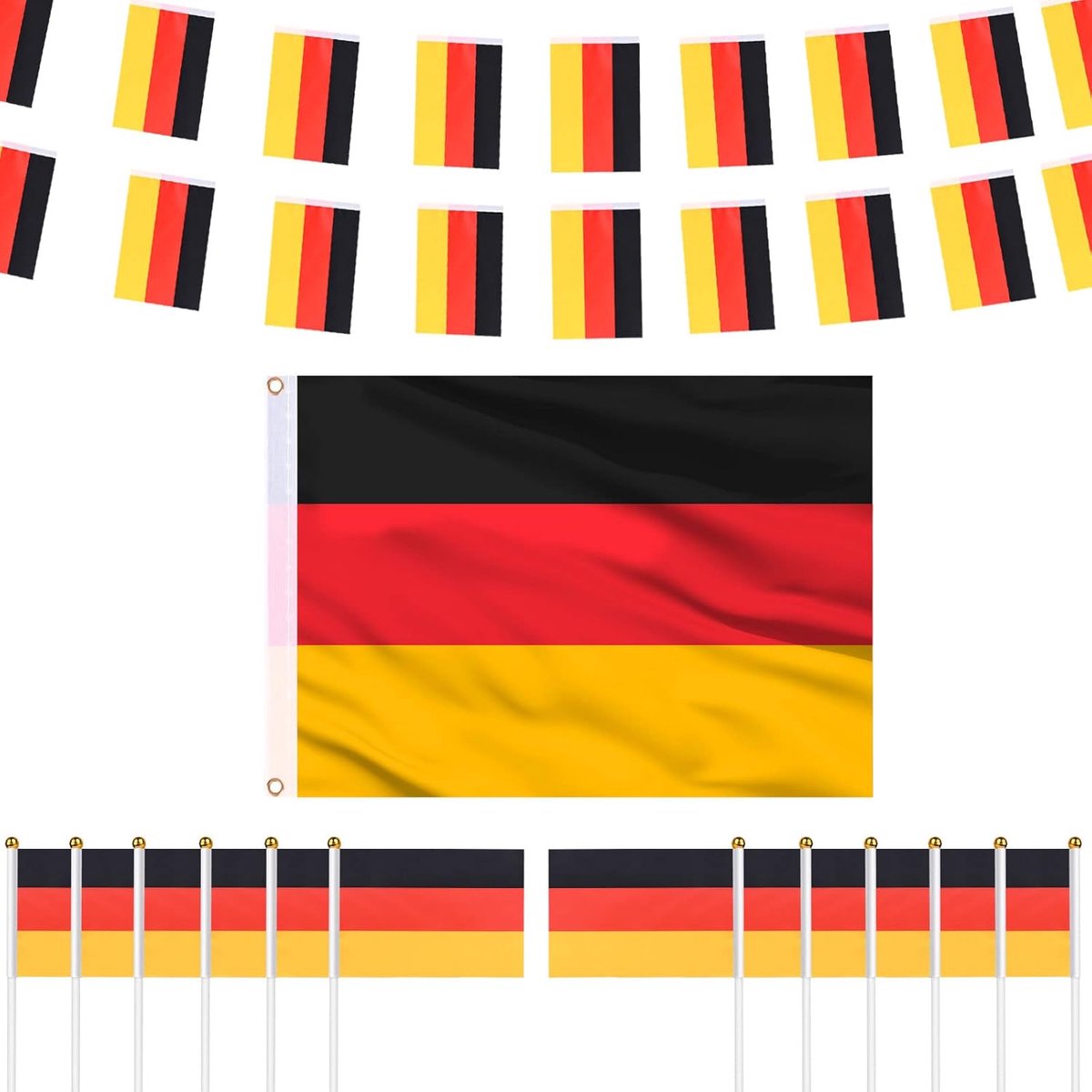 WK 2022 Duitsland vlag wet, 10m/12m Duitsland vlaggenketting, 12 stuks Duitse kleine vlag en 1 stuk Duitse vlag 90x150 voor huis tuin bar WK party decoratie (stijl 2)