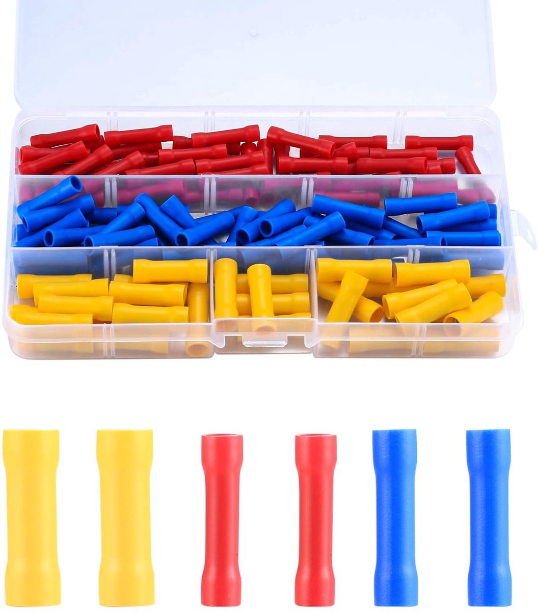 Set van 120 stuks verbindingsstukken, set klemverbindingen, elektrische geïsoleerde verbindingsstukken, kabelschoenen en ronde steekhulzen voor kabels - rood/geel/blauw