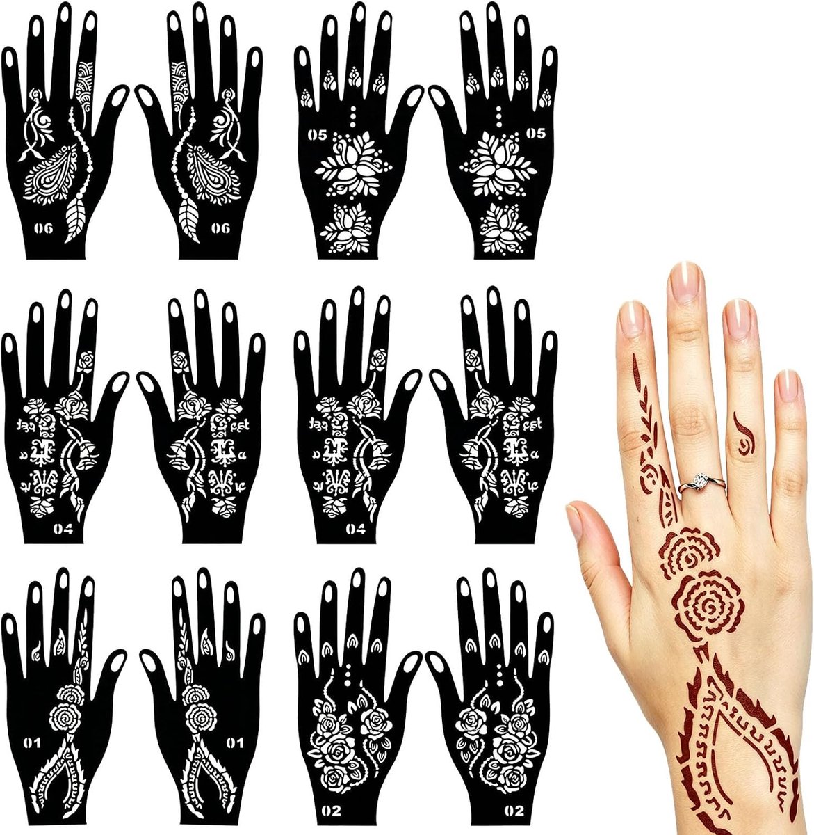 Sjablonen voor Hand-Henna-Tatoeages 6 Stuks Herbruikbare Henna-Sjablonen Tijdelijke Bruine Henna-Stickers voor Verjaardagsfeestjes Festivals Bruiloften Make-up en Muziekfestivals