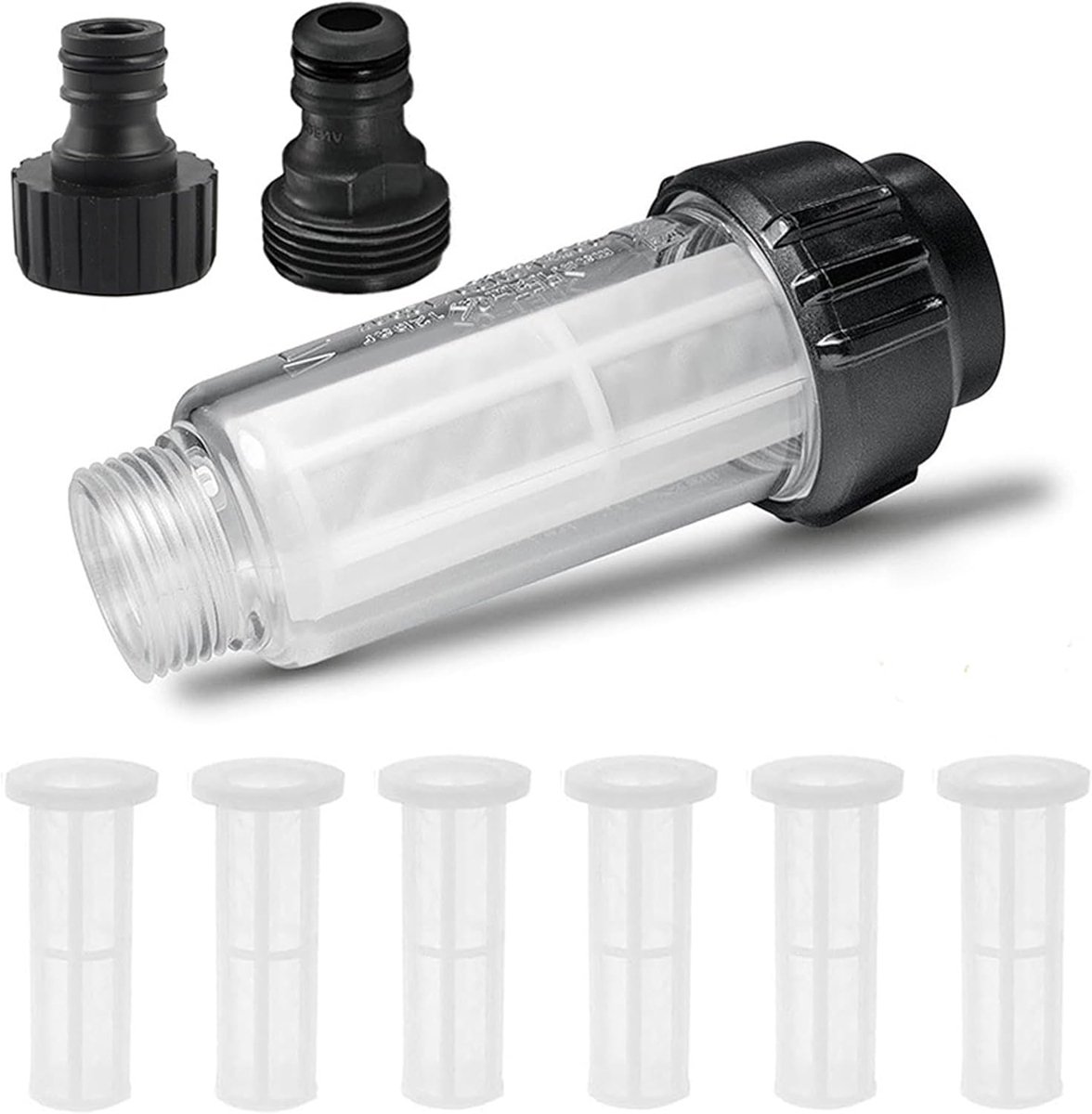 tuinslang, 3/4 inch watervoorfilter, waterfilterset met 5 filterinzetstukken en 2 sneladapters voor hogedrukreiniger camper, tuinpomp | Met 5 filterinzetstukken en 2 sneladapters v