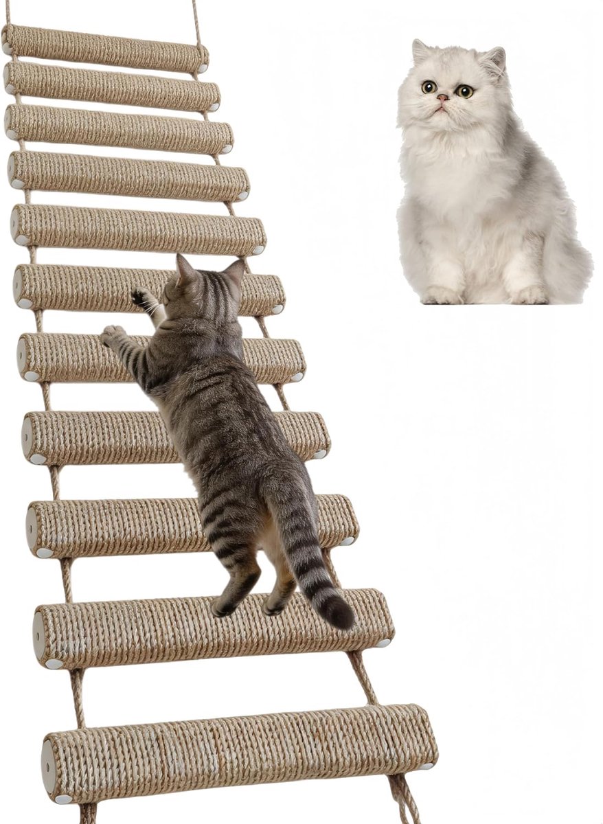 klimladder voor katten, klimrek met sisaltouw voor katten, accessoires, wandbrug voor kittens, meubels voor huisdieren (kaki, 100 cm, 1)