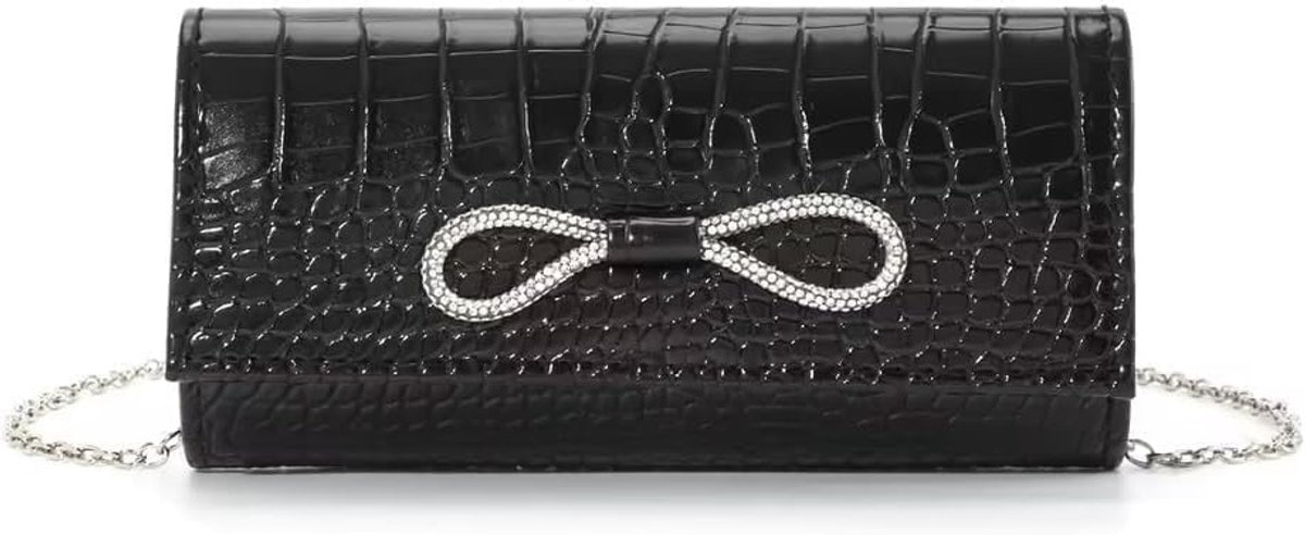 Zwarte clutch met afneembare ketting in krokodillenlook leer met kristallen strik, zwart