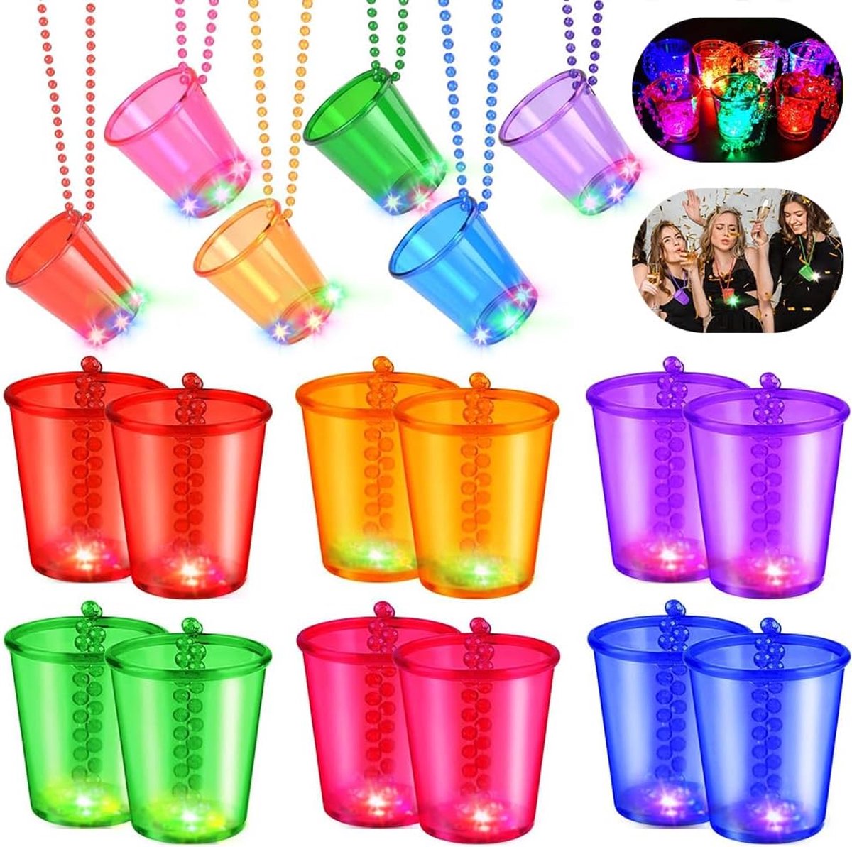 12 stuks LED-schietglas met ketting, LED-schietglaasjes om te hangen, kleurrijke lichtgevende feestbekers met ketting, shotglas ketting, voor carnaval, vrijgezellenfeest, bruidsdecoratie, neonfeest