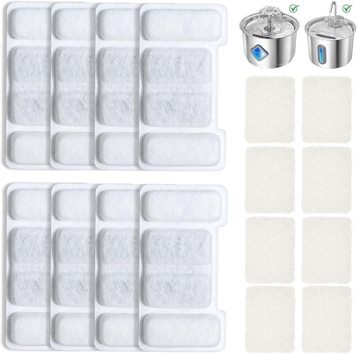Kattenfontein Filter - 16 Packs Filter voor Kattenfontein, 8 Houtskoolfilters + 8 Sponsen, Drievoudig Filtersysteem, Waterfontein voor Zivacate Katten 2.2L & 2.8L