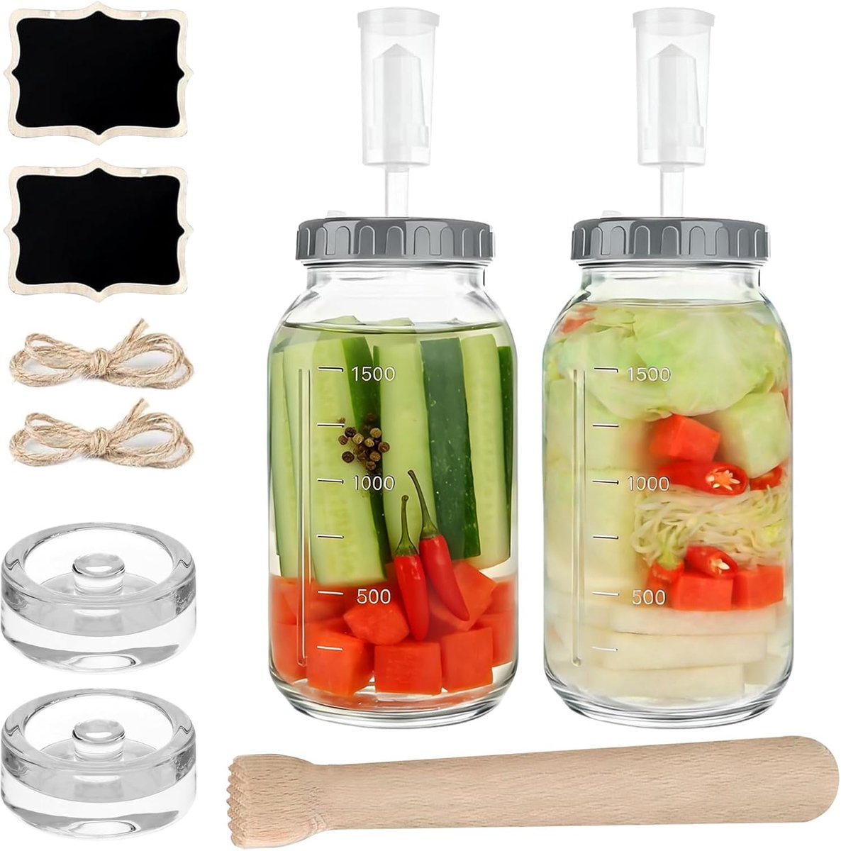 2 stuks 2L, 64oz Kimchi Behälter met luchtsluis en gewicht, breedmond fermenteerglazen met houten stamper, Kefir glas met deksel, voor augurken, zuurkool, zuurdesem starter