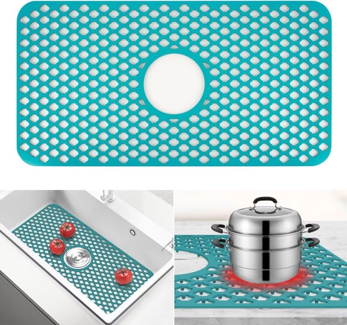 silicone, groot, 63 x 33 cm, rechthoekig, hittebestendig, spoelmat voor spoelbak, antislip, voor keuken, inklapbare spoelbak, middengat