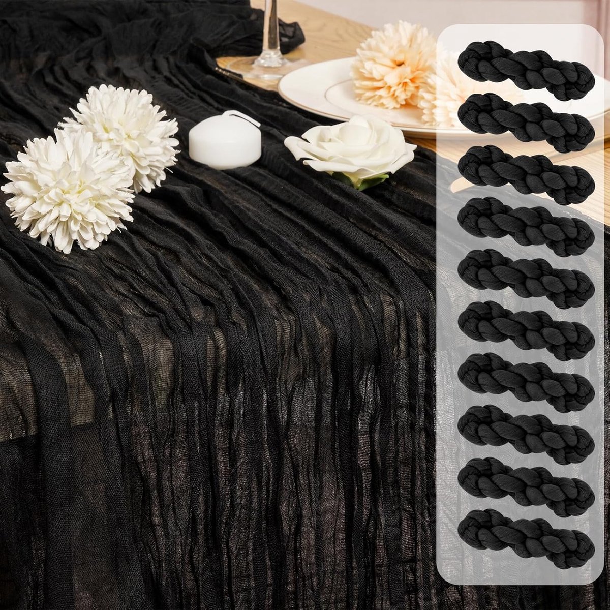 Set van 10 zwarte kaasdoek tafelloper 35 cm, zwarte rustieke kaasdoek tafelloper romantische boho bruiloft tafeldecoratie voor bruiloft, bruidsdouche, verjaardagsfeestje (55 x 300 cm)