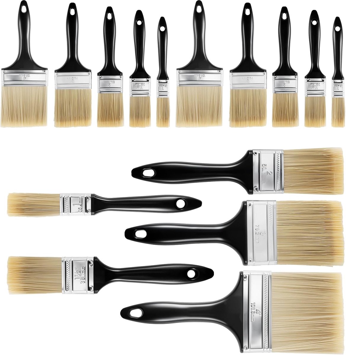 15 stuks penselenset, schilderpenselen, 5 maten platte kwast met kunststof handvat, lazuurkwast voor acrylverf, schilderen, lak, 25 mm/38 mm/50 mm/76 mm/100 mm