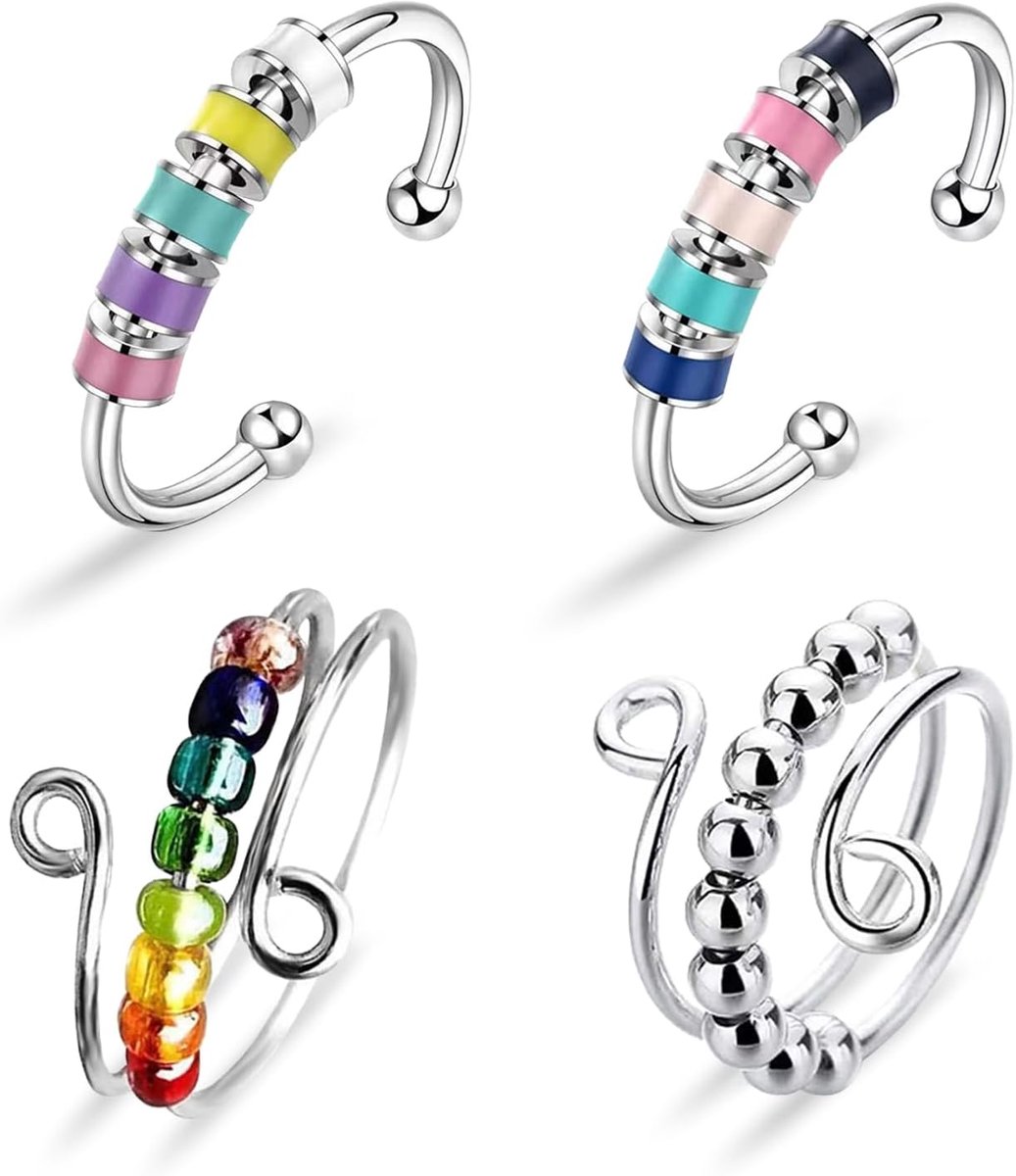 Set van 4 zilveren fidget anti-stress ringen, open angstringen met kralen, verstelbare anti-stress-ring, zilver