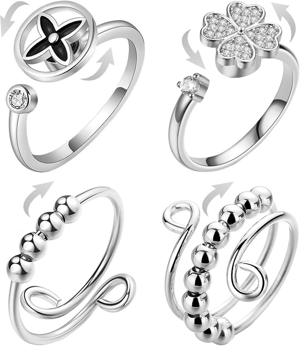 Ring tegen stress en draaibare vingerringen, 4 stuks, verstelbaar, stressvermindering, draaibare klaverblad ring, rustgevende kralen voor angst, ringen