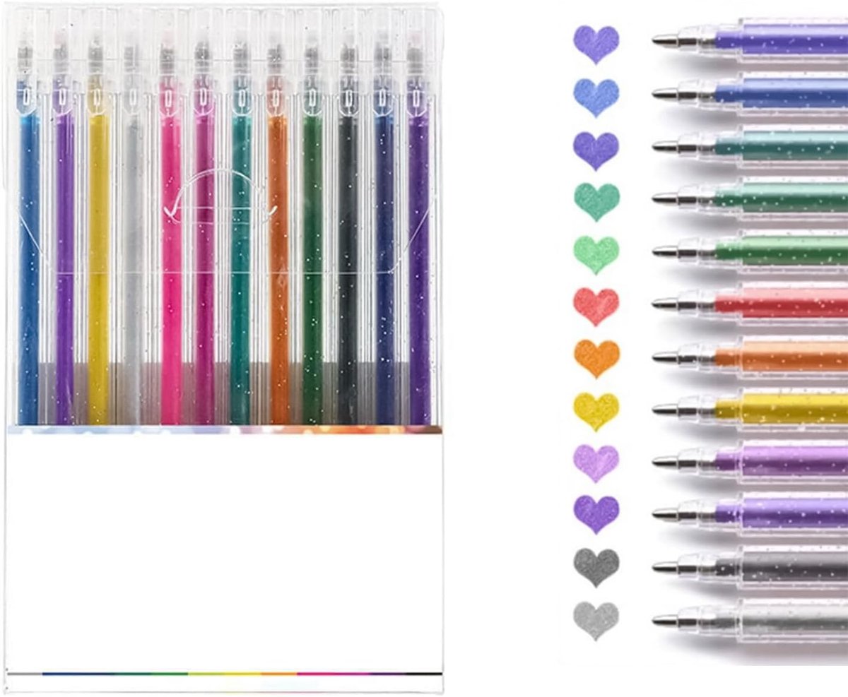 Set van 12 glittergelstiften, kleurrijke glittergelpennen voor kleurboeken, metallic levendige glittergelpennen, 1,0 mm, voor volwassenen en kinderen, tekenen en schrijven (12 kleuren)