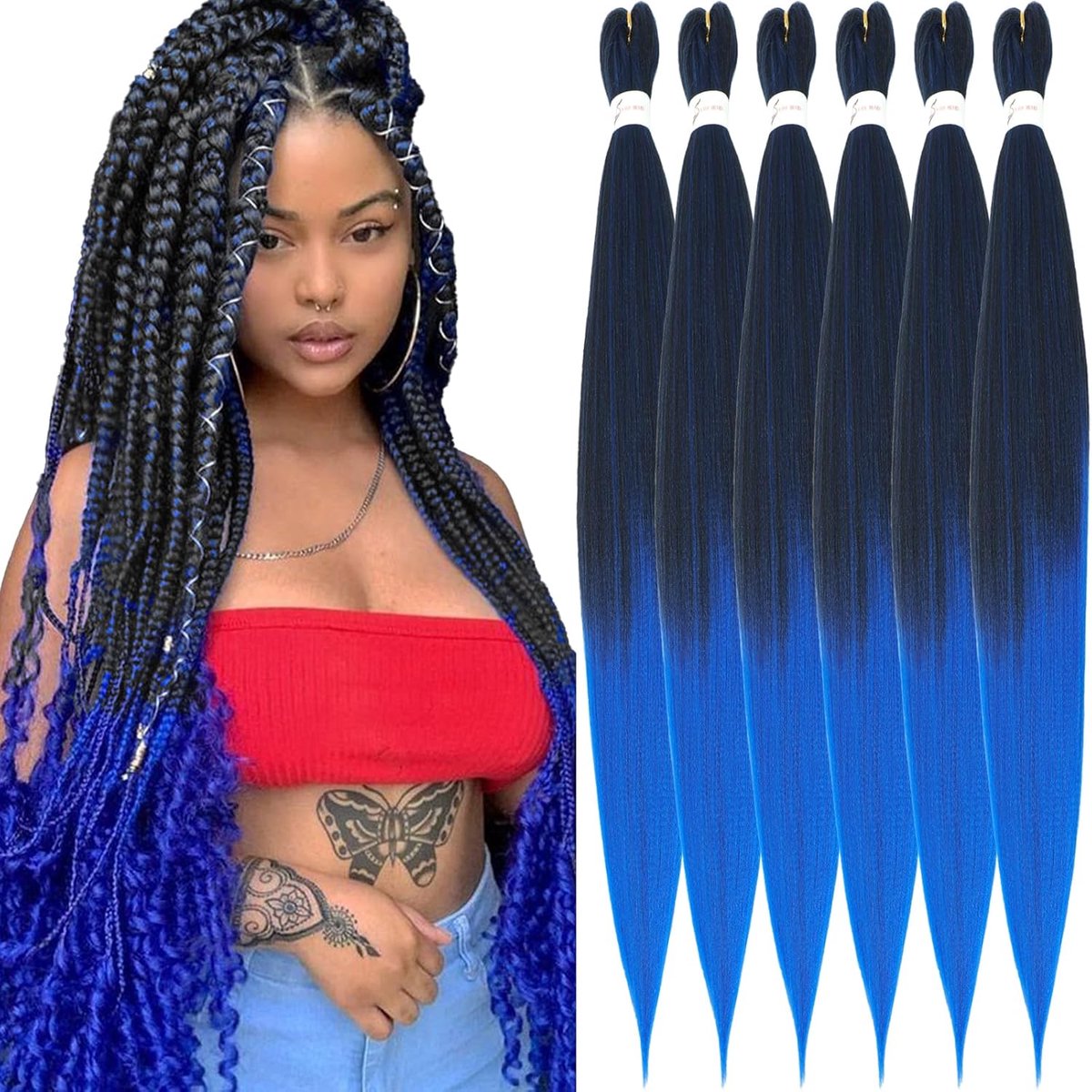 30 inch Long Pre Stretched Braiding Hair Ombre Blue Easy Braids Extensions Hair 6 Packs Itch Free Soft Yaki Straight Texture Kanekalon Synthetic Hair for Braiding(T1B/Blue#)