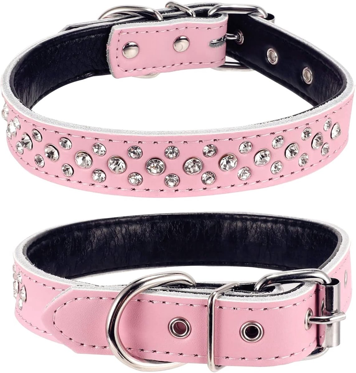 strass hondenhalsband, verstelbare, sprankelende, kristal bezette, echte lederen halsband voor huisdier/hond voor kleine en middelgrote honden (S, Roze)