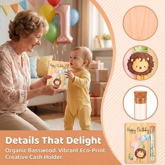 Simsky Geldgeschenk 1e verjaardag jongen, houten kaart met reageerbuis, leeuwenmotief, grappig cadeau 1 jaar jongen, houten wenskaart geldverpakking decoratieve set 13x10cm voor neef, kleinkind zoon — afbeelding 5
