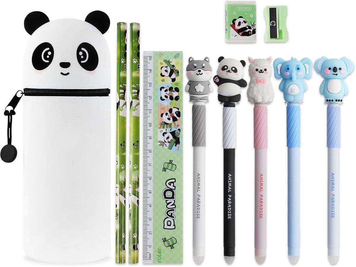 SnelShoppen - Silicone Pennenhouder Vertical 2-in-1 Cartoon Panda met 5 Gelliften en Kleurpotloden voor Kinderen, Meisjes, Jongens en Tieners, Duurzaa