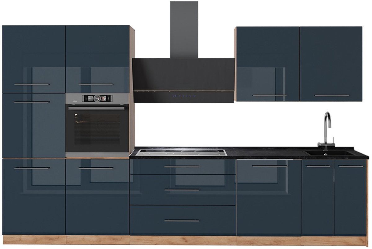 Vicco Complete keukeneenheid Fame-Line, Donkerblauw hoogglans/Goudkleurig Eiken, 340 cm, WB Antraciet
