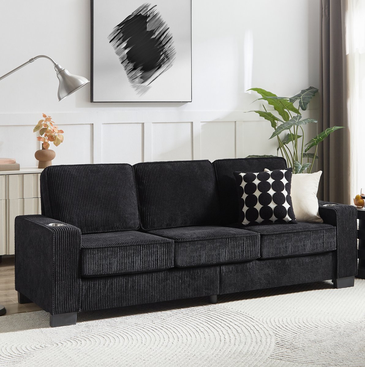 OKWISH Bank 3-Zits 206 Cm - Armleuningen Met Bekerhouders - Modern Voor Woonkamer, Slaapkamer En Kantoor - Cordstof - Zwart