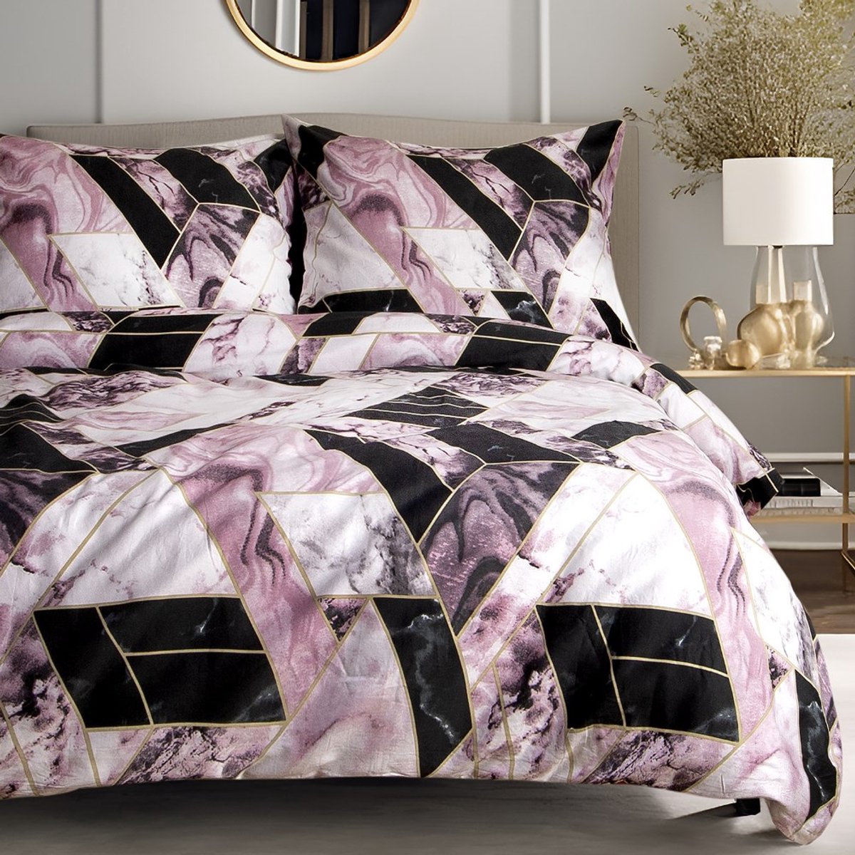 Darymex Satynlove Dekbedovertrek 220x200 cm - Zwart / Roze - Geometrisch Marmer - 100% Katoen-Satijn - Lits-Jumeaux - Met Ritssluiting - OEKO-TEX® - Met 2 Kussenslopen 70x80 cm