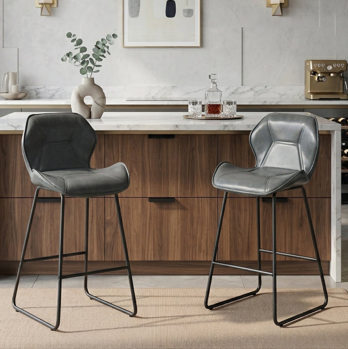 DESMIU Barkruk - 65 Cm - Set Van 2 Met Rugleuning En Voetsteun - Voor Keuken, Bar En Eethoek - Kunstleer En Metaal - Grijs