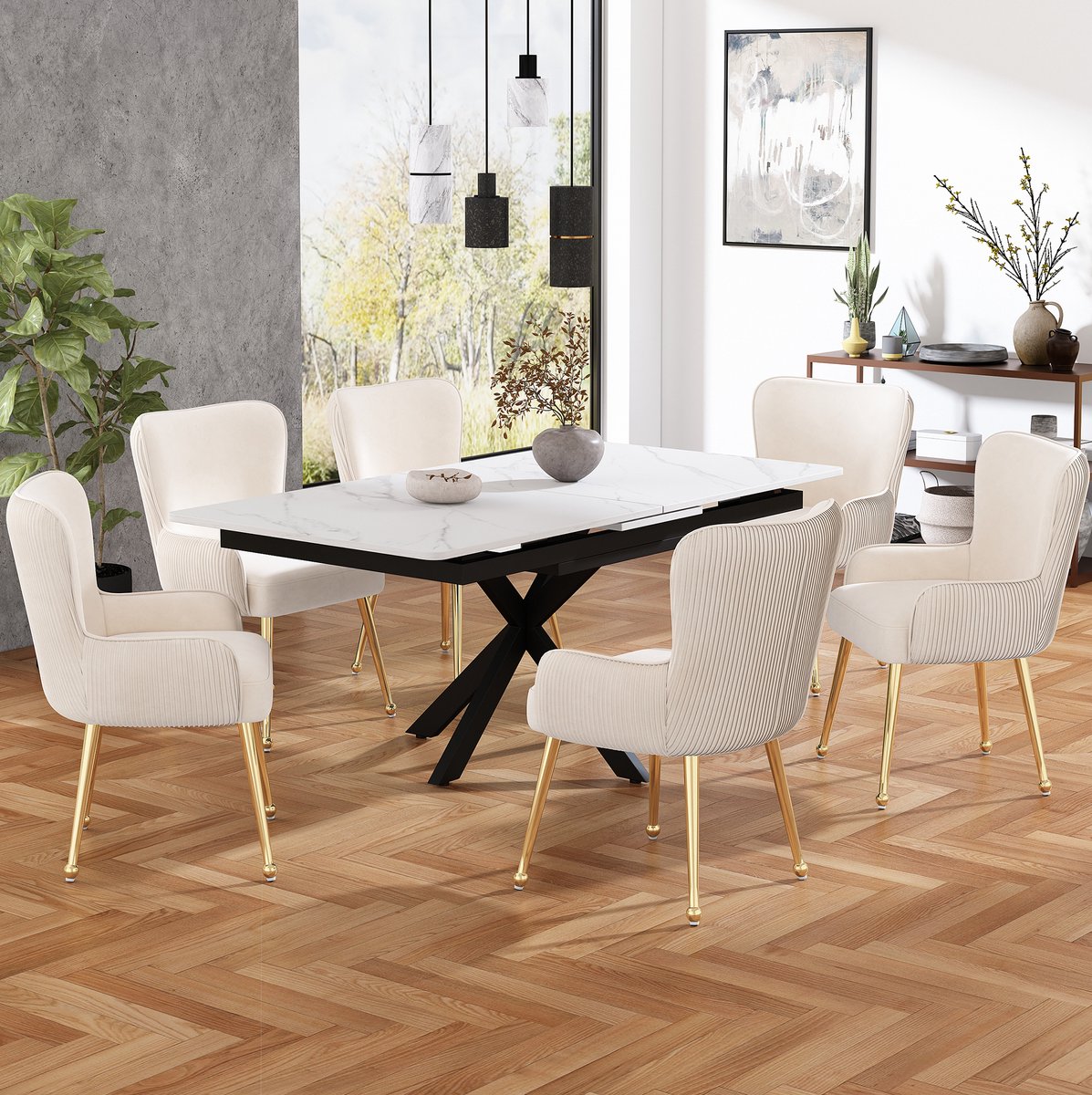COVREO Eetkamerstoel 57x57x83 cm beige, velvet met armleuningen set van 6