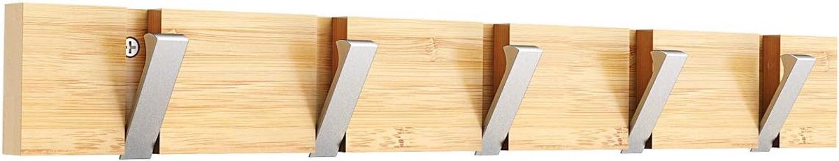 Bamboo Wall Mounted Coat Hooks, 20kg Maximum Hanging Weight, Natural Wall Coat Hanger, 5 Hooks (Silver Folding Hook) - ShopVlot