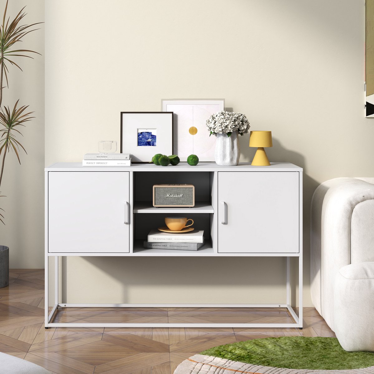 COVREO Dressoir 120x40x75 cm wit, metalen kast met 6 vakken en deuren