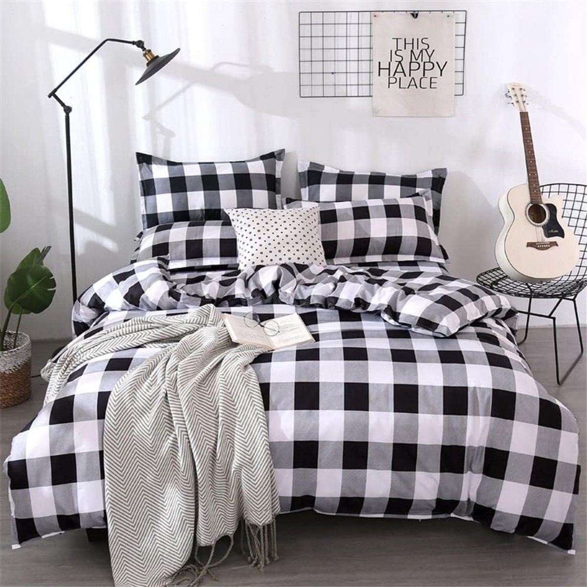 SnelShoppen - Dekbedovertrek Set met Duvet Cover, Modern Ruitpatroon, Microfiber Dekbedovertrek en Kussensloop met Zachte Sluiting (200 x 200 cm, Zwar