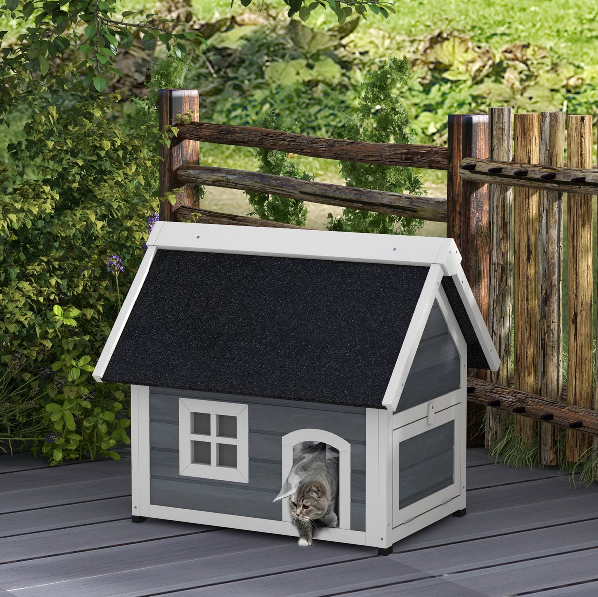COVREO Kattenhuis 77 x 57,5 x 68 cm grijs, hout met asfaltdak en 3 deuren