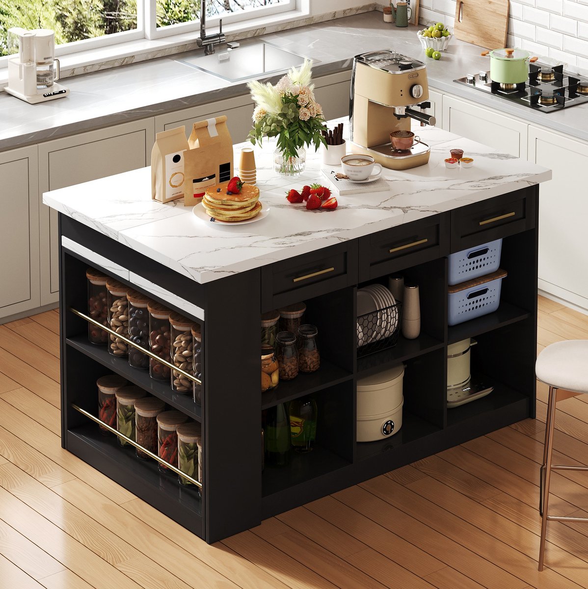 FloraGrace Keukeneiland Met Uitschuifbare Eettafel En Opbergruimte Modern Voor Familiekeuken Zwart En Wit Marmereffect 150x90x90 Cm