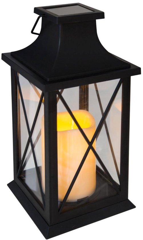 Zwarte lantaarn met gesatineerd glas en een ledkaars, 14 x 14 x 28 cm.