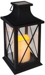 Zwarte lantaarn met gesatineerd glas en een ledkaars, 14 x 14 x 28 cm.