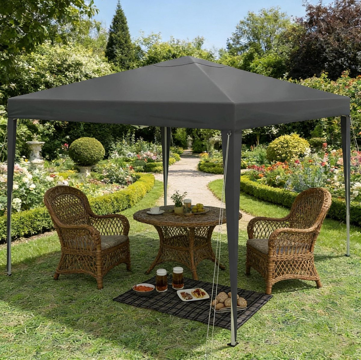 Partytent 3 x 3 m - Hoogte Verstelbaar - Oxford Stof - Antraciet - Opklapbaar Met Opbergtas Voor Tuin En Terras