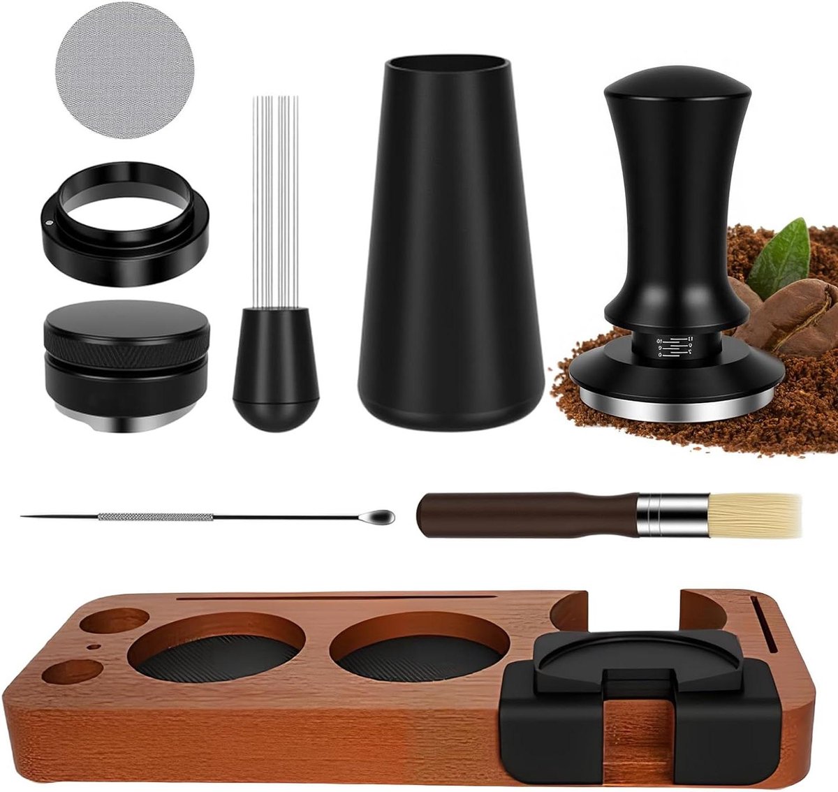 Espresso Accessoireset - Barista Set - Espresso Bereiden - 8-Delig Compleet - 51 mm - Houtkleurig