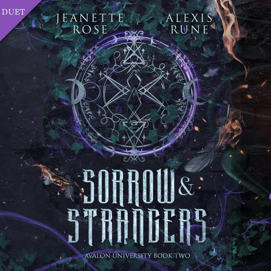 Boekcover met de titel "Sorrow & Strangers" in grote letters, met een mystiek symbool en planten.