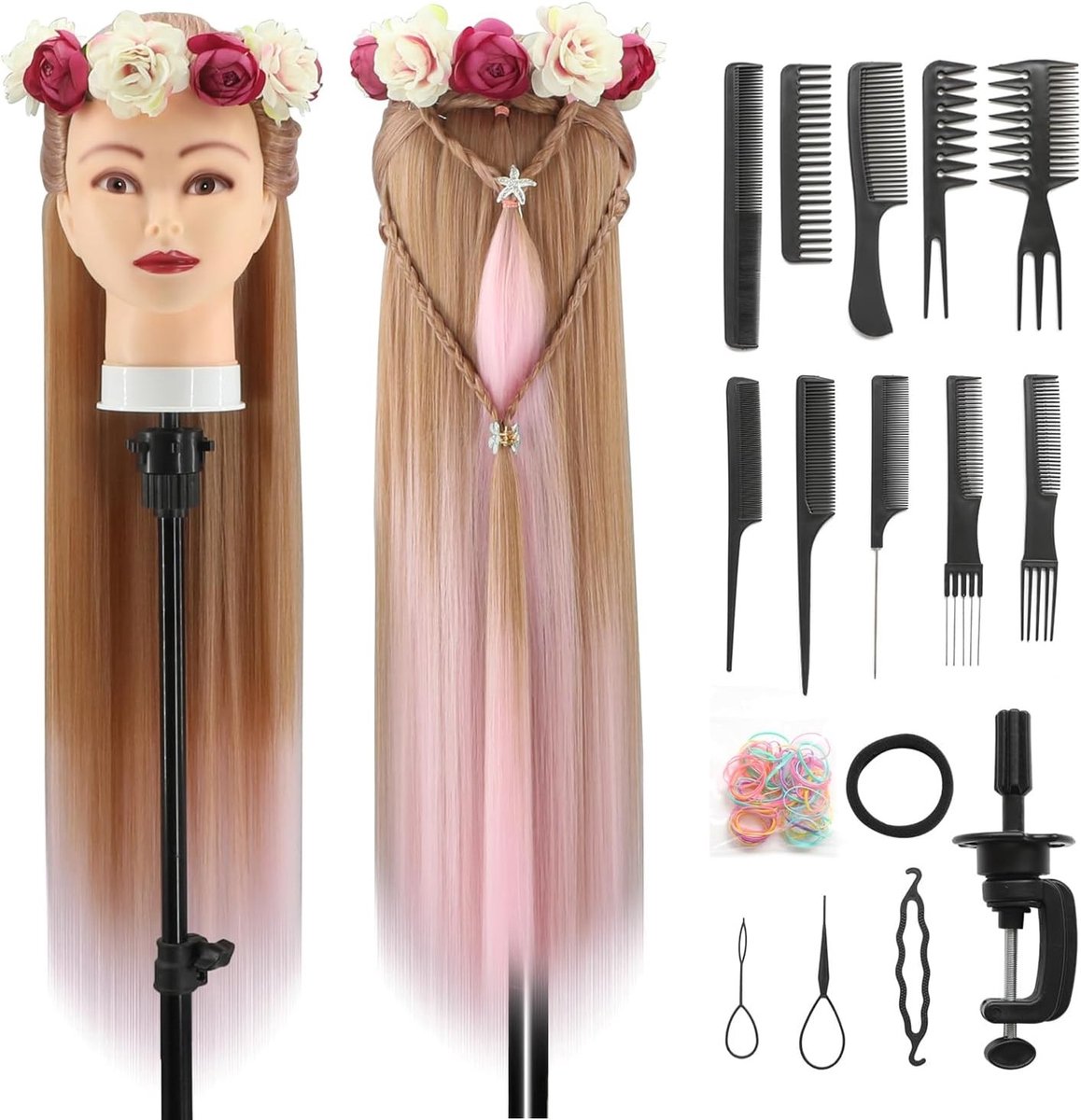 Oefenhoofd voor Kappers, 28 inch Haar Trainingshoofd van 100% Synthetisch Vezel met Gratis Klem en DIY Vlechtset (Bruin Roze) - Ideaal voor Haarstyling, Vlechten en Kappersopleiding