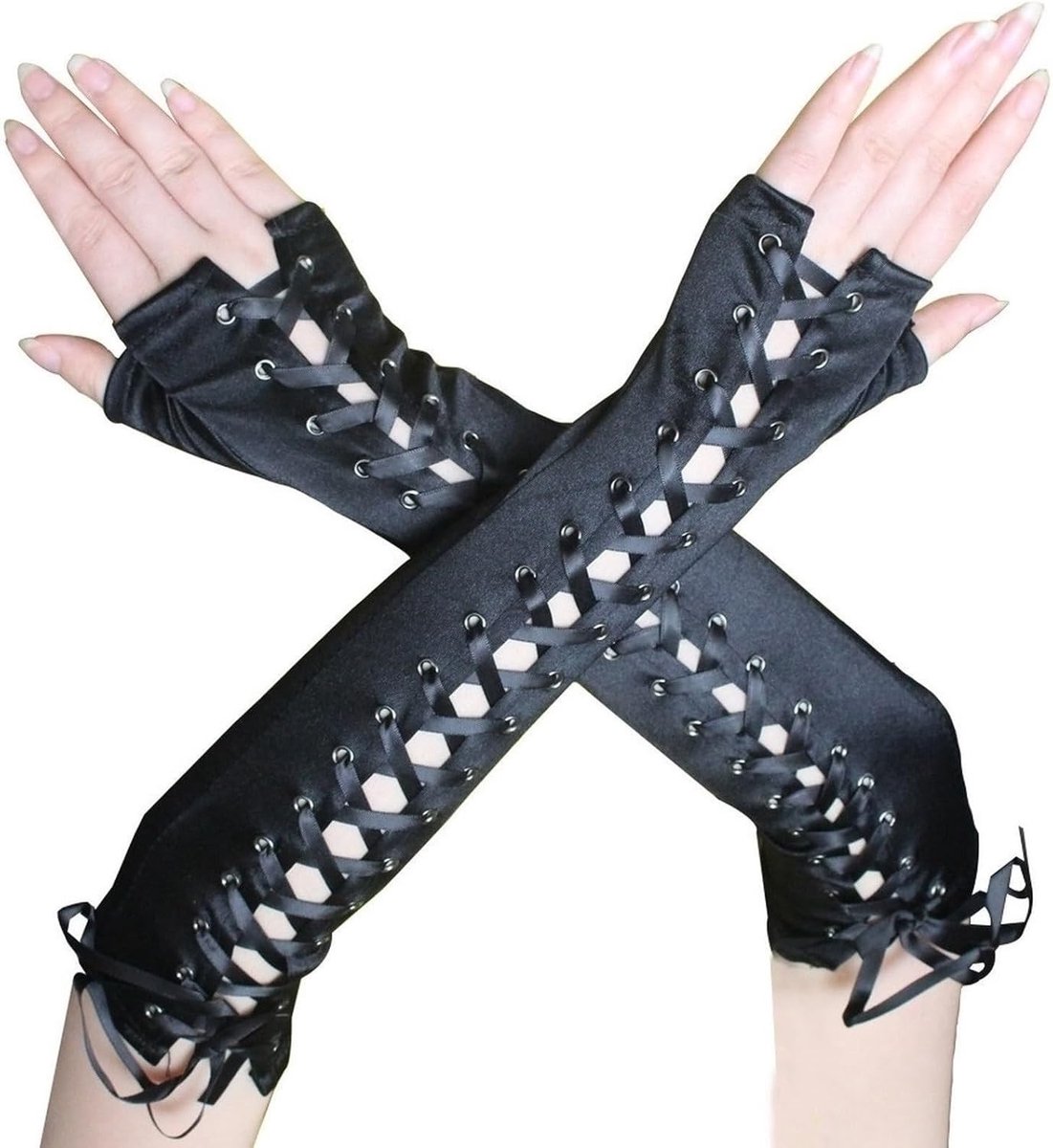 Lange Satijnen Vingerloze Handschoenen met Kant, Steampunk Kostuumaccessoire voor Halloween en Goth Cosplay