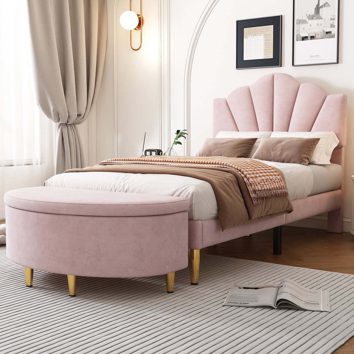 Kinderbed 90x200 cm - Luxe Velvet Bed Met Schelp Hoofdbord, Gouden Poten En Opbergbank Roze