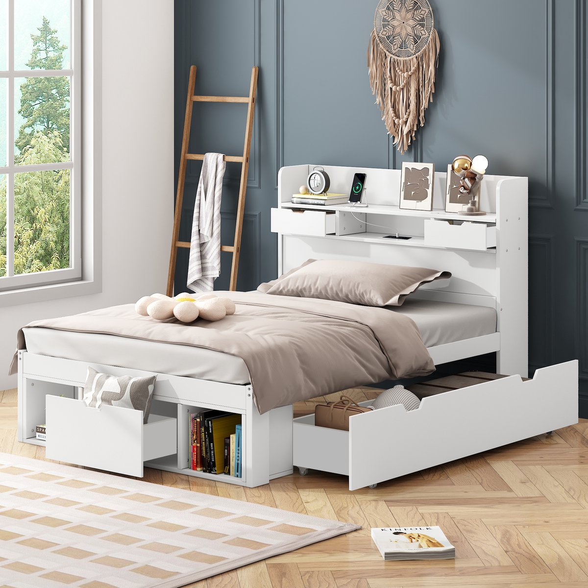 Kinderbed 90x200 cm - Multifunctioneel Bed Met USB, Laden En Opbergruimte Wit