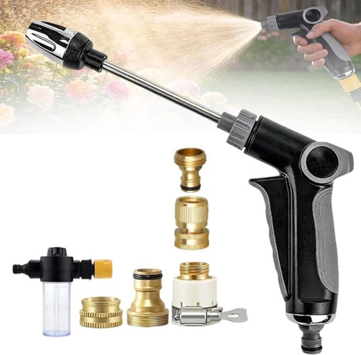 Complete Hogedruk Spuitpistool Set voor Tuinslang, Krachtige Waterstraal voor Auto, Tuin en Terras, Met Zeepreservoir en Universele Aansluitingen, Duurzaam Metaal