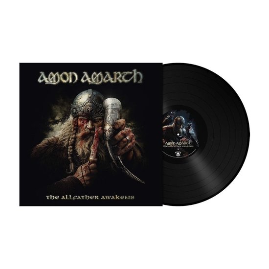 Amon Amarth - The Allfather Awakens vinylplaat met een afbeelding van een Viking met een bloederig mes en een hoorn.