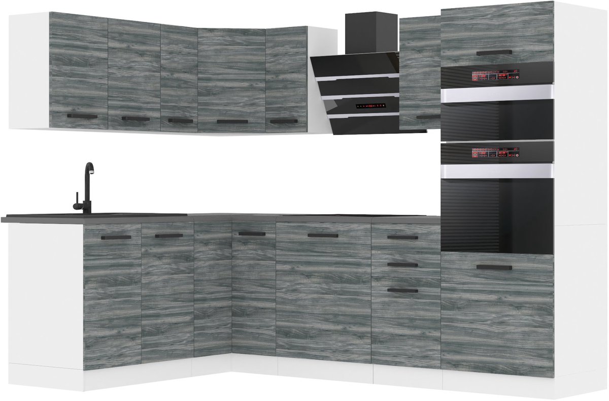 BELINI L-Vorm Keukenblok MELANIE - Keukenmeubel Set 360 cm Glamour Wood met Werkbladen - Boven- en Onderkasten