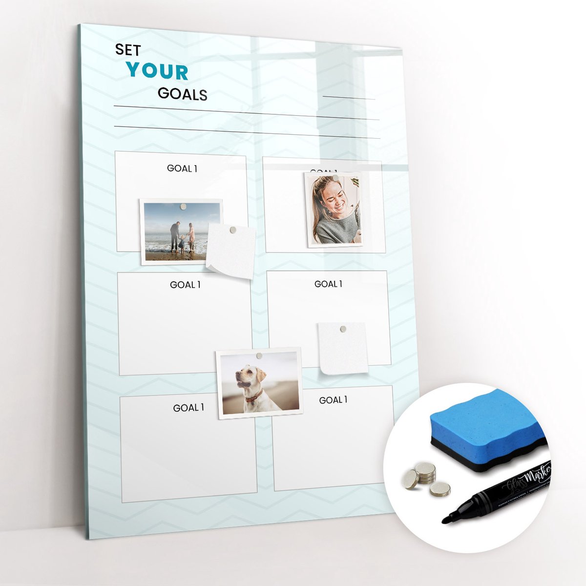 Tulup Whitebord - Doelplanner - 70 x 100 cm - Blauw Memo Magneetbord - Gratis 5 Sterke Magneten + Whiteboard Marker & Wisser - Moderne Wanddecoratie - Magneetbord Keuken - Notitiebord Werkplek