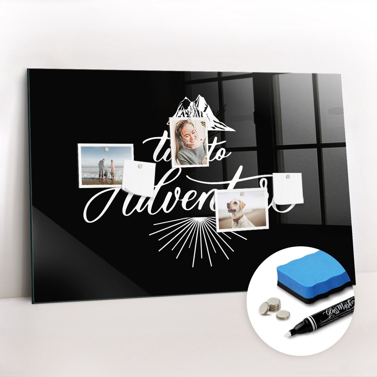 Tulup Whitebord - Avontuurlijke ontdekkingsreiziger - 90 x 60 cm - Zwart Memo Bord - Gratis 5 Sterke Magneten + Whiteboard Marker & Wisser - Moderne Wanddecoratie - Memobord Glas - Organiseer Je Bureau