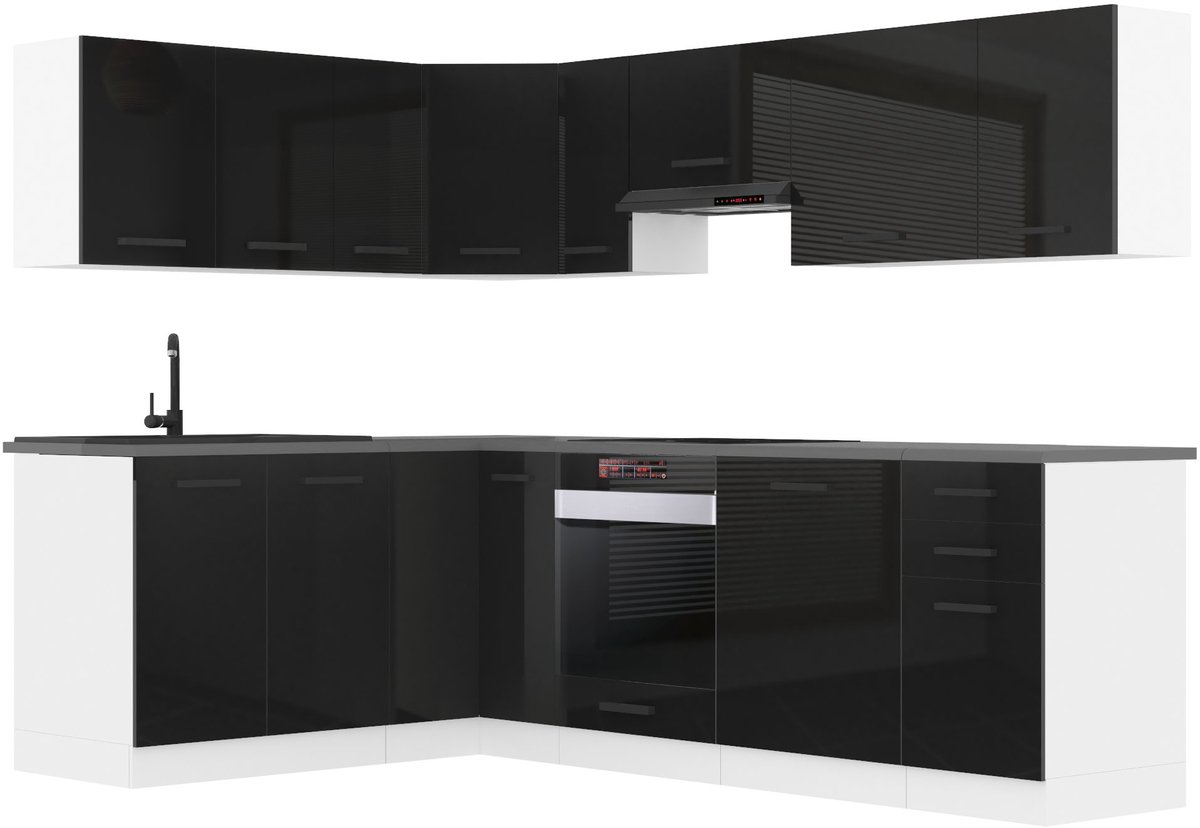 BELINI L-Vorm Keukenblok JANET - Keukenmeubel Set 360 cm Zwart Hoogglans zonder Werkbladen - Boven- en Onderkasten