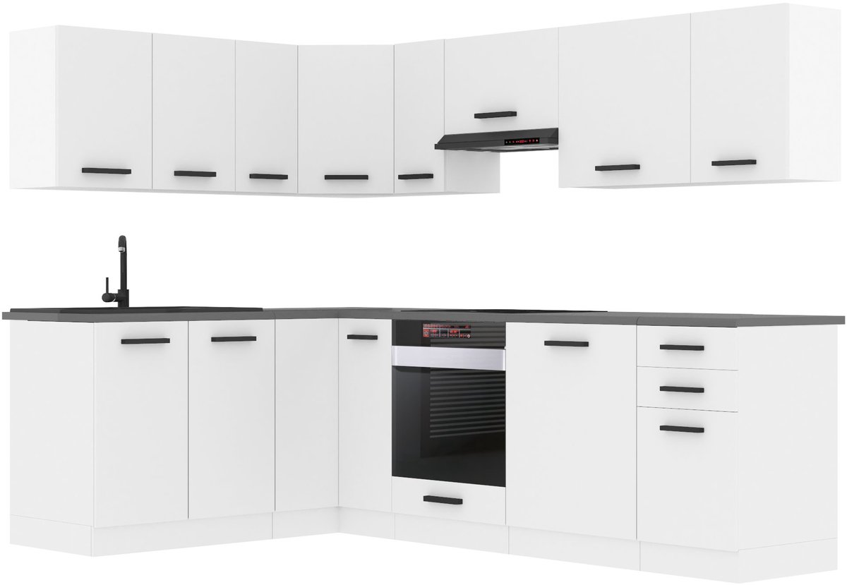 BELINI L-Vorm Keukenblok JANET - Keukenmeubel Set 360 cm Wit Mat met Werkbladen - Boven- en Onderkasten
