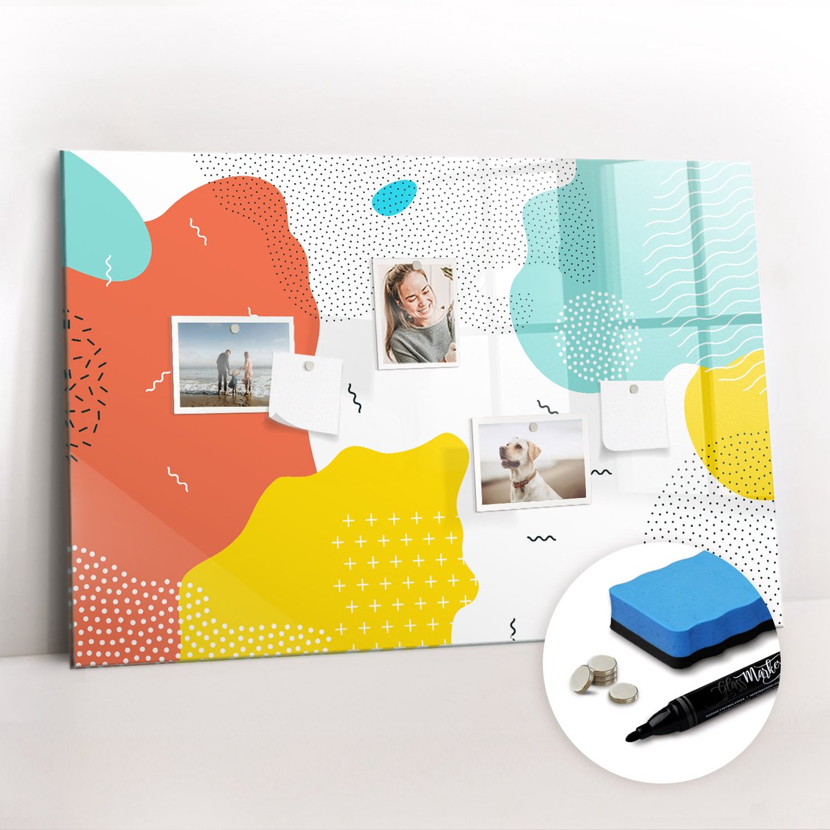 Tulup Whitebord - Pop-abstractie - 90 x 60 cm - Veelkleurig Memobord Keuken - Gratis 5 Sterke Magneten + Whiteboard Marker & Wisser - Minimalistisch Prikbord - Magnetic Board - Notitiebord Werkplek