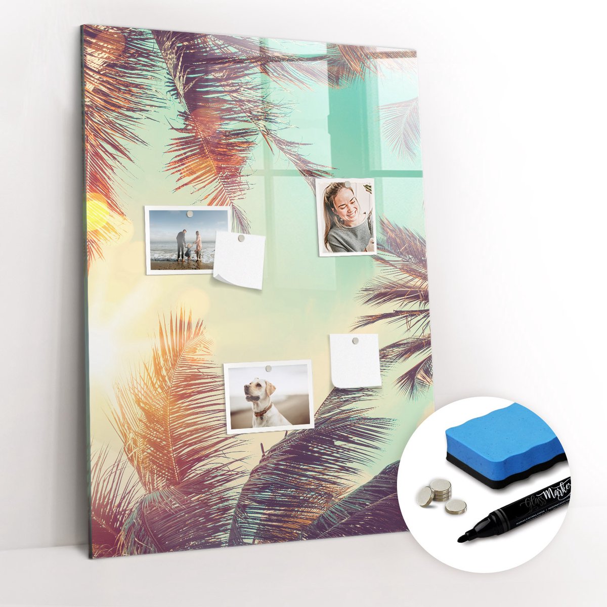 Tulup Whitebord - Tropische palmboom - 70 x 100 cm - Veelkleurig Magnetic Board - Gratis 5 Sterke Magneten + Whiteboard Marker & Wisser - Design Memobord - Magnetisch Wandbord - Inspiratiebord Kantoor