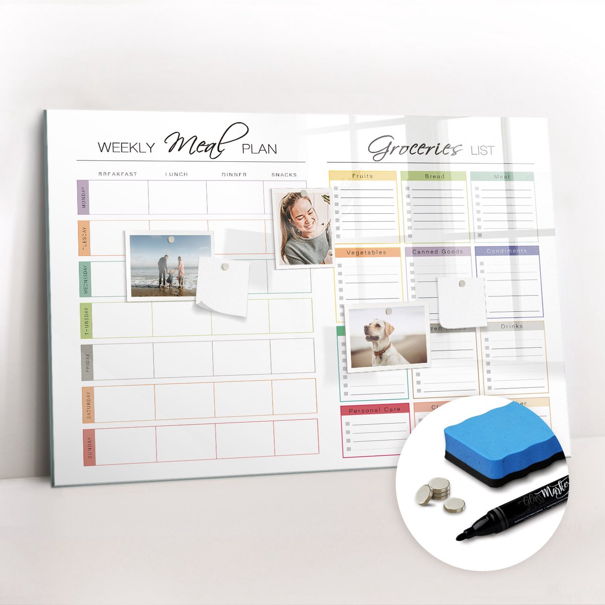 Tulup Whitebord - Weekmenu - 90 x 60 cm - Veelkleurig Memobord Glas - Gratis 5 Sterke Magneten + Whiteboard Marker & Wisser - Scandinavisch Design Bord - Magneetbord Rechthoekig - Notitiebord Werkplek