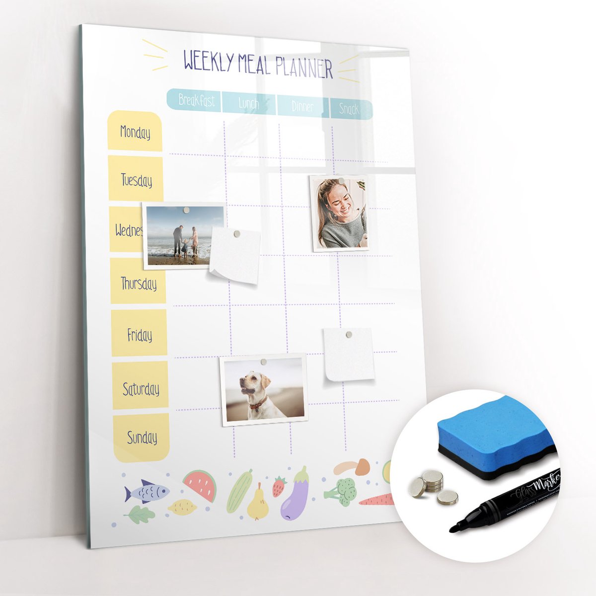 Tulup Whitebord - Fitness weekmaaltijdplanner - 70 x 100 cm - Veelkleurig Magneetbord Foto - Gratis 5 Sterke Magneten + Whiteboard Marker & Wisser - Stylish Memo Board - Magnetisch Memobord - Notitiebord Werkplek